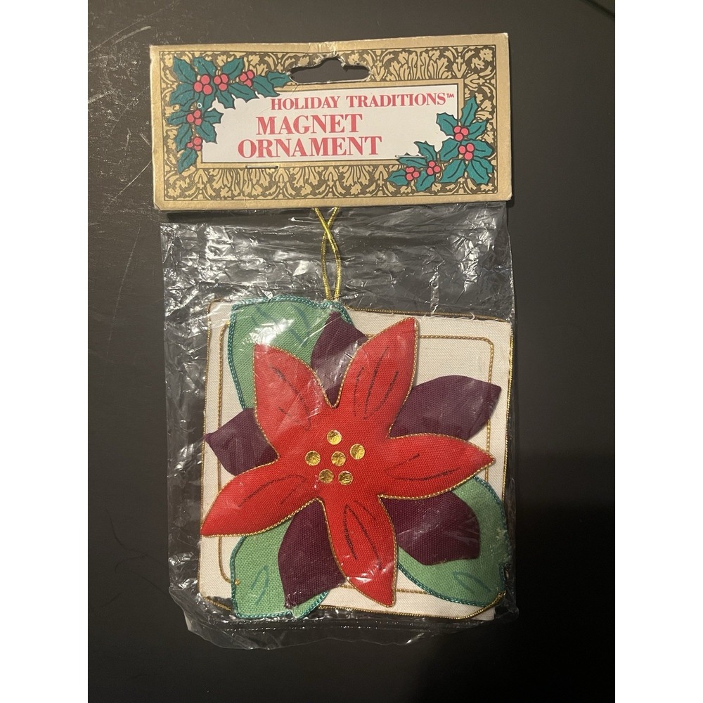 Vintage 80s Kitchen Magnet Quilted Poinsettia Ornament New Holiday Traditions